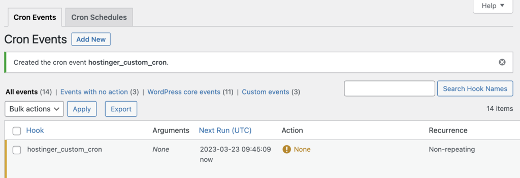 The new cron event has appeared in the Cron Events list