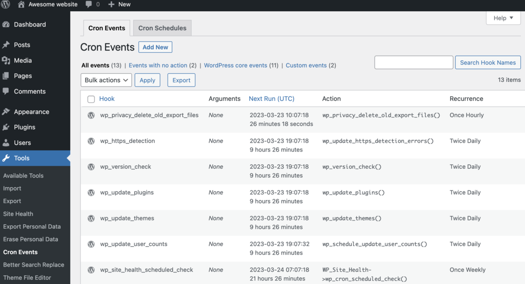 The list of existing cron events that currently run on WordPress
