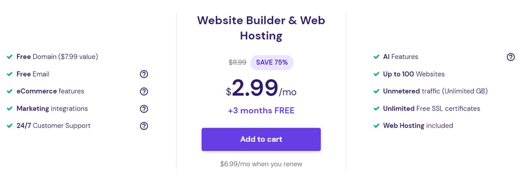 Hostinger Website Builder plan pricing and features