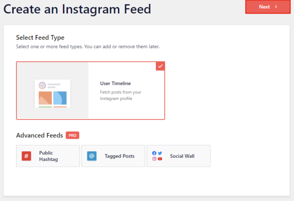 The Create an Instagram Feed page with the Next button highlighted