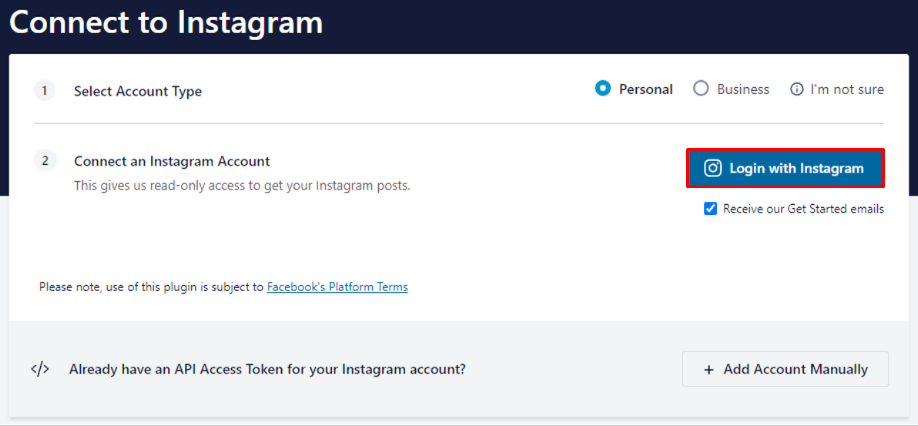 The Connect to Instagram page on Smash Balloon's official website with Login with Instagram highlighted