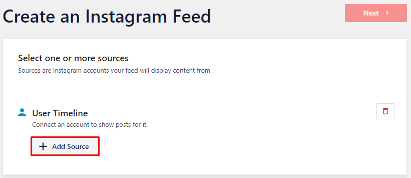 The Create an Instagram page on Smash Balloon's dashboard with the Add Source option highlighted