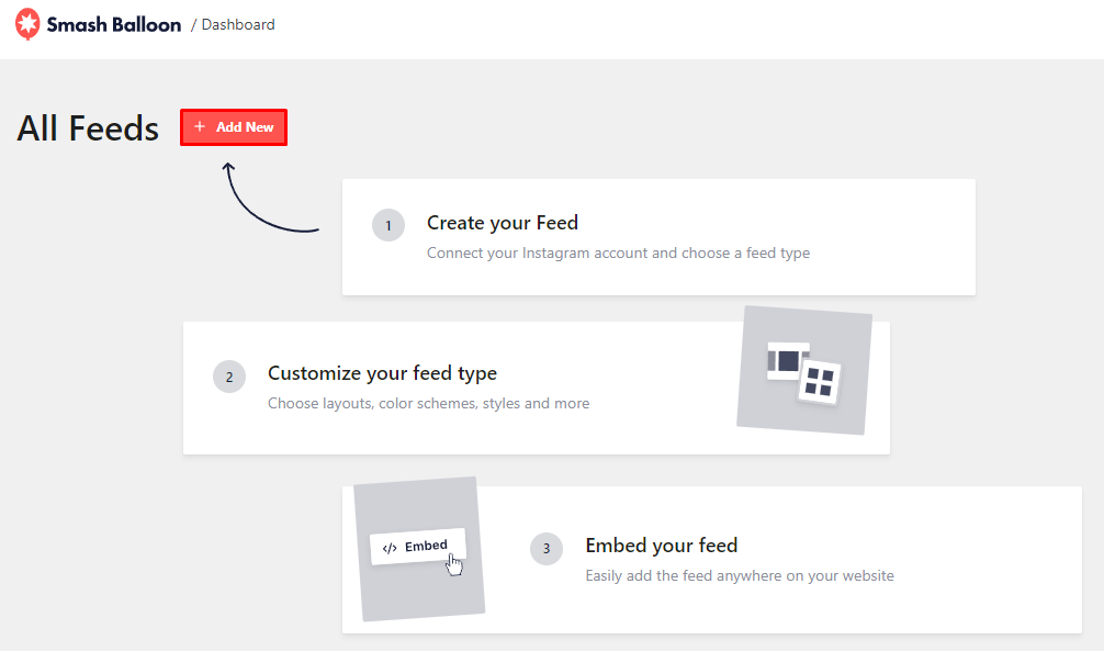 All Feeds on the Smash Balloon dashboard, highlighting the Add New button