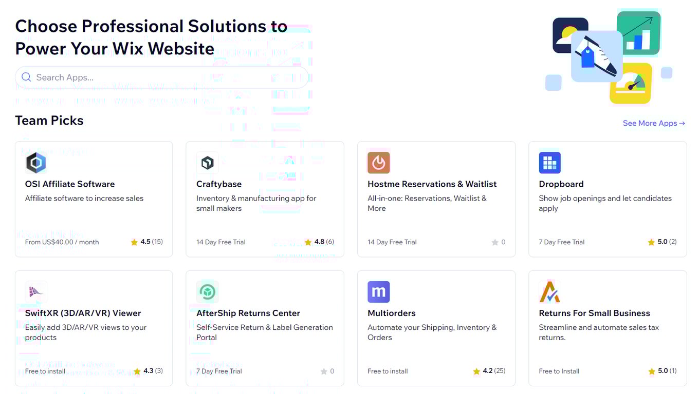 The Wix App Market homepage