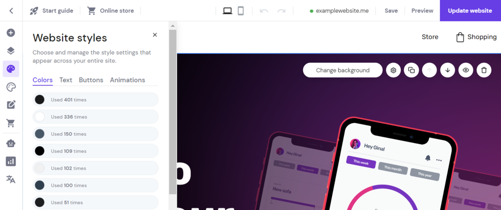 The global website style settings in Hostinger Website Builder