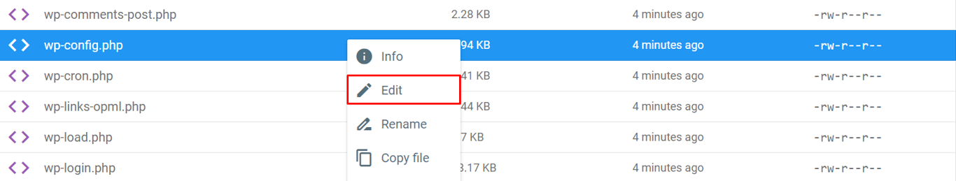 Screenshot of the wp-config.php file on Hostinger's File Manager right-clicked with the Edit option highlighted wp-config.php file in File Manager is selected with a right-click and edit option is highlighted.