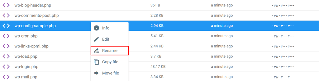 Screenshot of the wp-config-sample.php file on Hostinger's File Manager right-clicked with the Rename option highlighted wp-config-sample.php file in File Manager is selected with a right-click and rename option is highlighted.