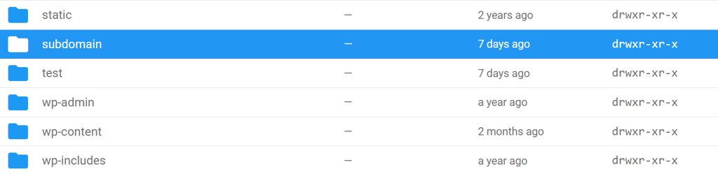Screenshot of the contents of the public_html file of a WordPress site with a subdomain folder highlighted File Manager with public_html folder opened and subdoain folder is selected.