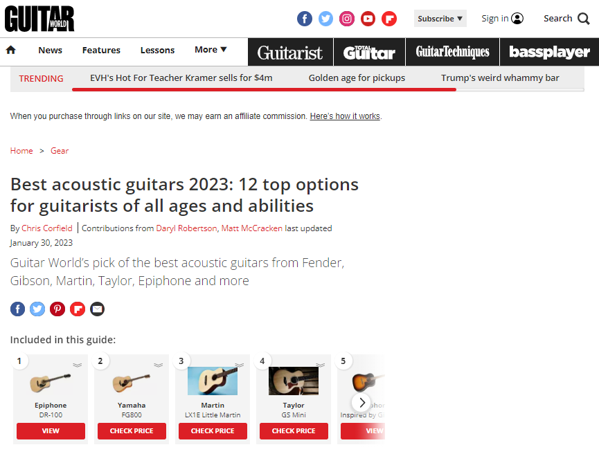 The Best Acoustic Guitars 2023: 12 Top Options for Guitarists of All Ages and Abilities article on the Guitar World website