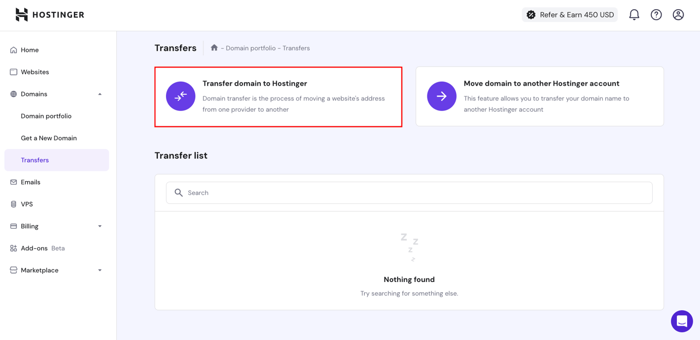 hPanel Transfer domain to Hostinger option