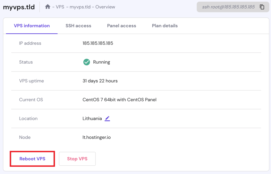 The Reboot VPS button in hPanel's VPS dashboard
