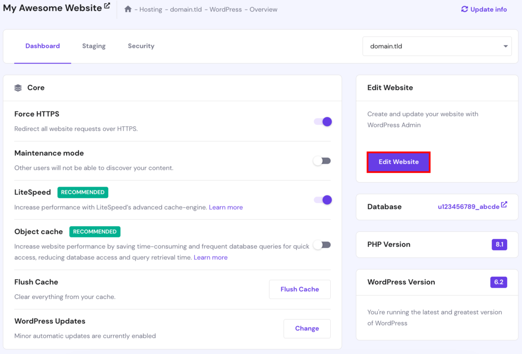 The WordPress dashboard in hPanel, highlighting the "Edit Website" button at the right tab