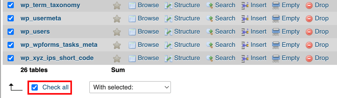 The phpMyAdmin interface, the Check all button is highlighted.