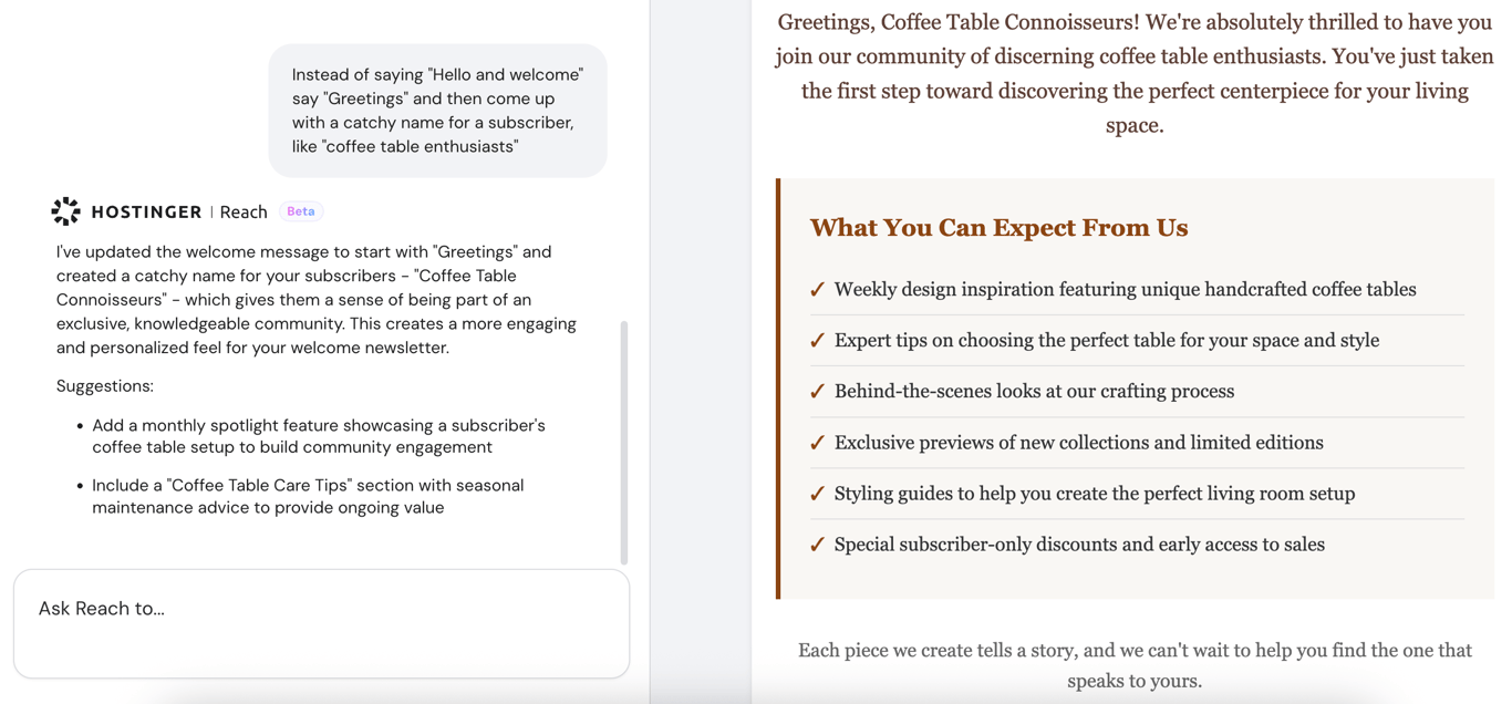 Email builder within Hostinger Reach