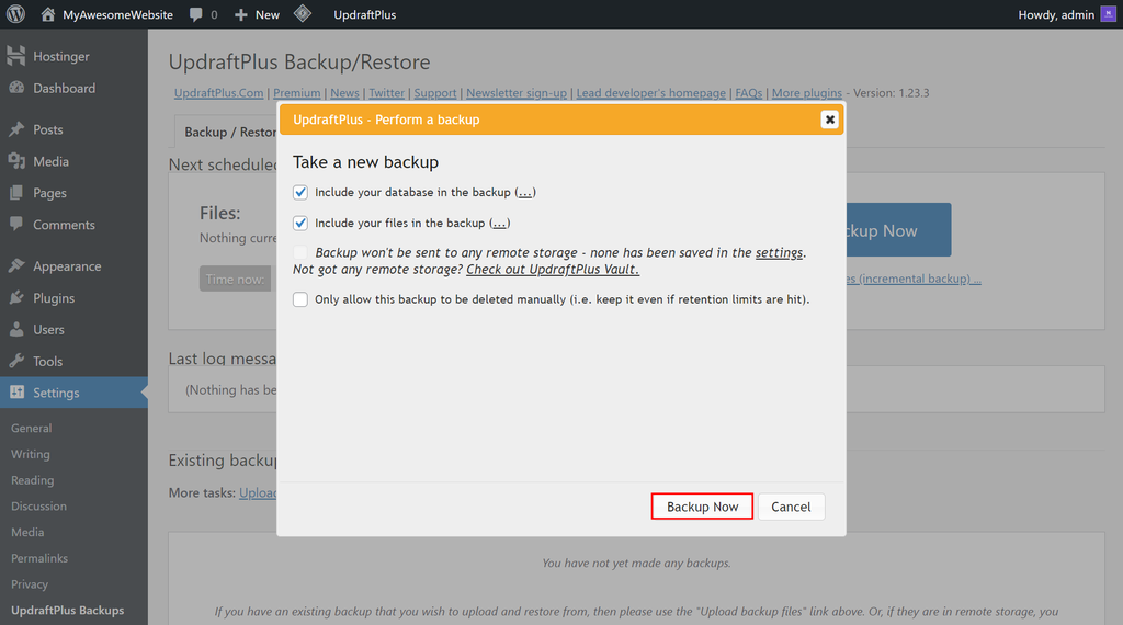 UpdfraftPlus - Perform a backup pop-up window