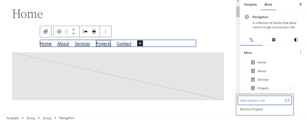 The Add submenu link button in the Navigation block settings in the Site Editor