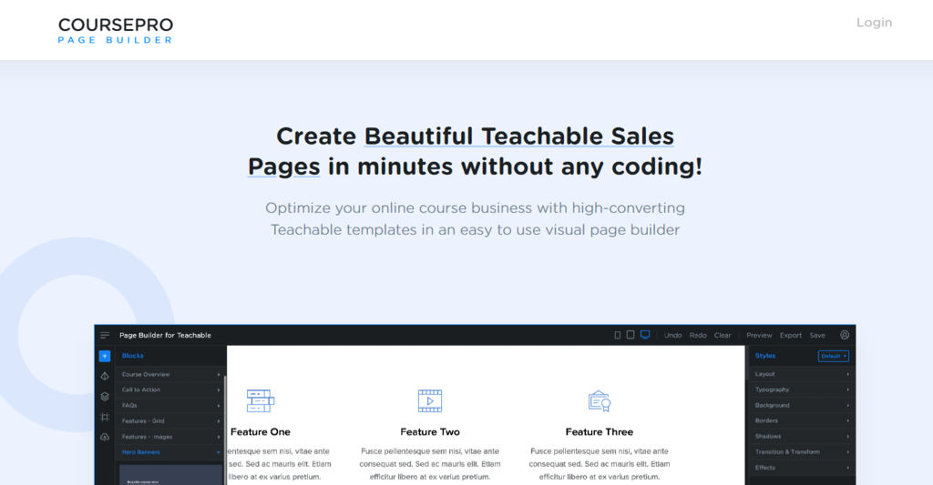 Coursepro, a built-in Teachable page builder