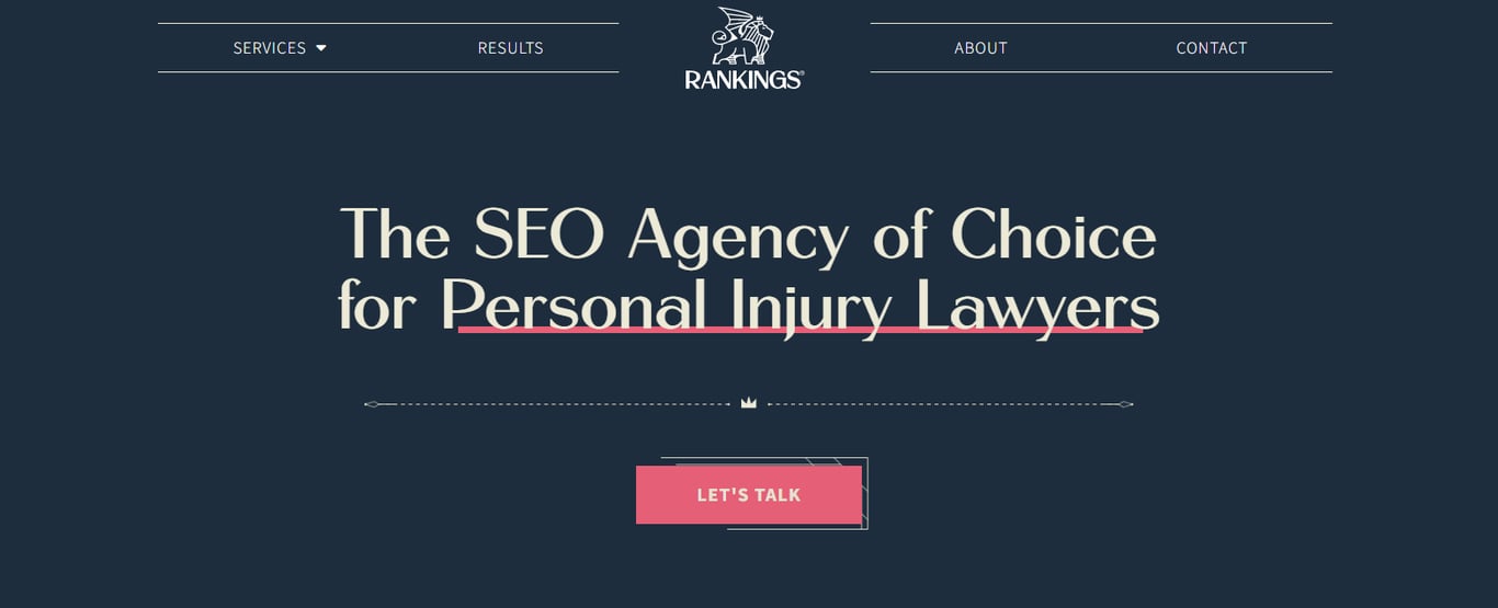 The homepage of Rankings.io, a SEO agency targeting personal injury lawyers
