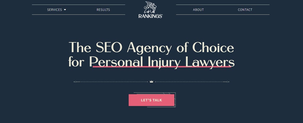 The homepage of Rankings.io, a SEO agency targeting personal injury lawyers