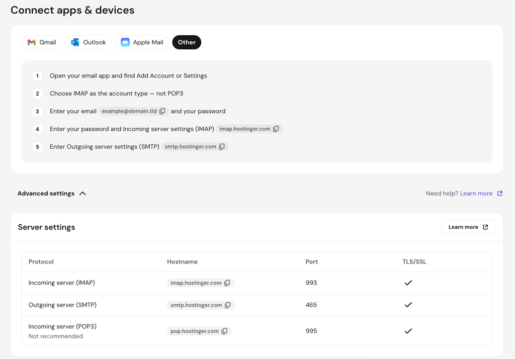 hPanel Connect Apps & Devices screen showing Hostinger IMAP, SMTP, and POP3 server settings with hostnames and port numbers