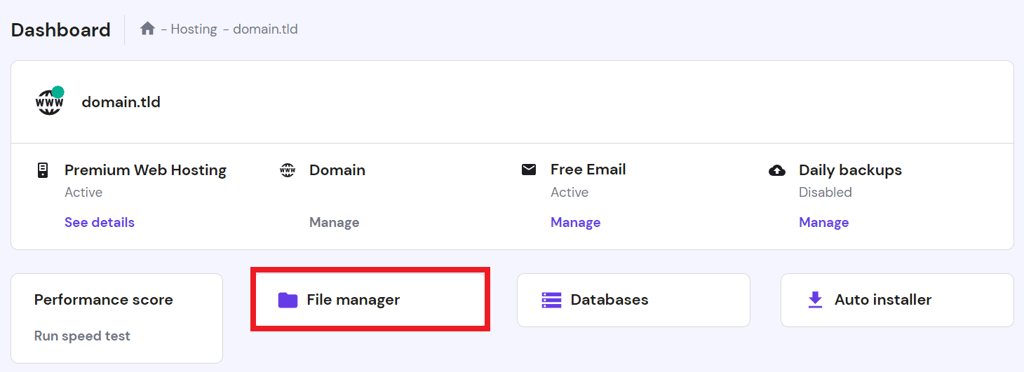 The File Manager button in the hPanel website management menu