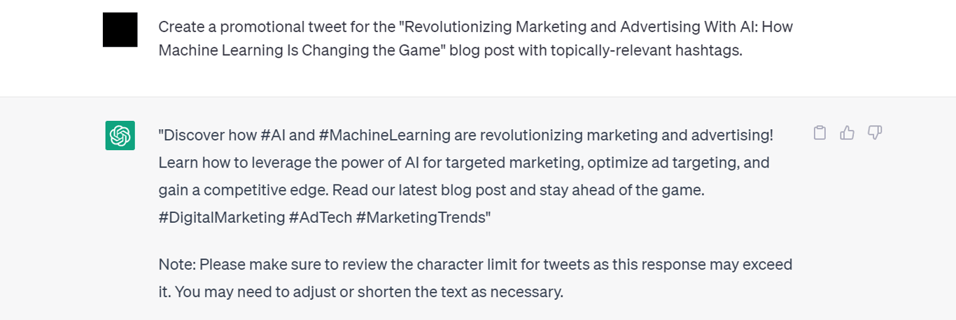 ChatGPT creates a promotional tweet for a blog post