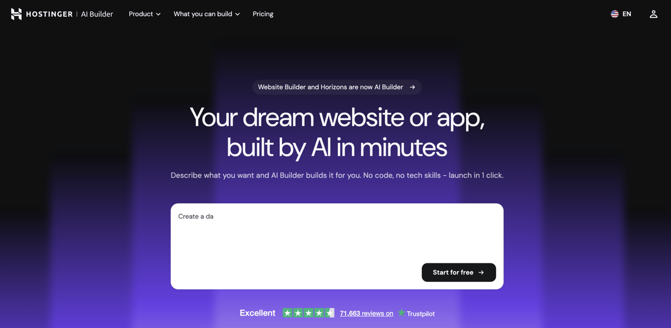 Hostinger AI Builder landing page with start for free option