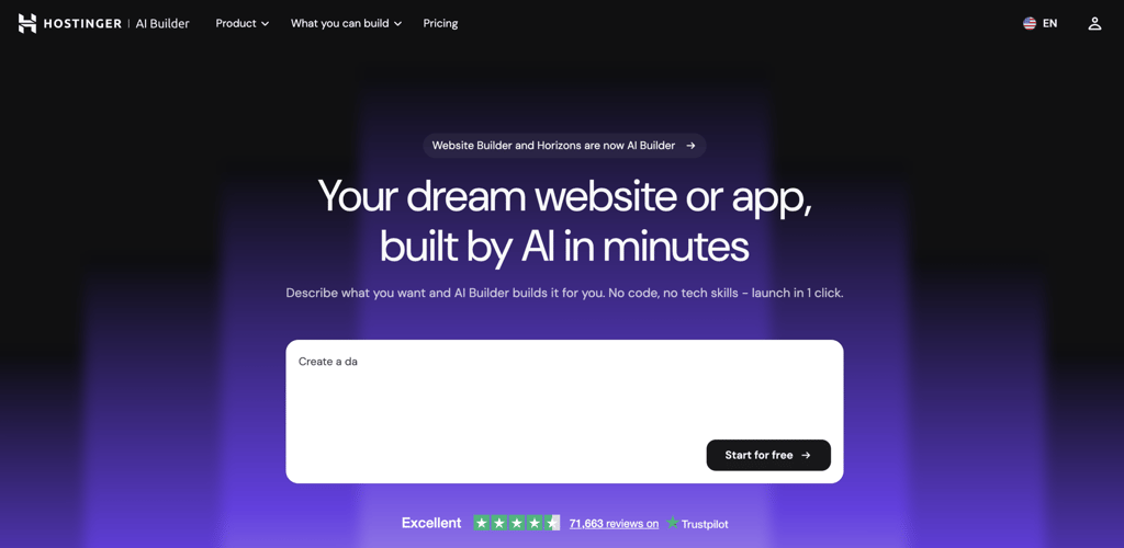 Hostinger AI Builder landing page with start for free option