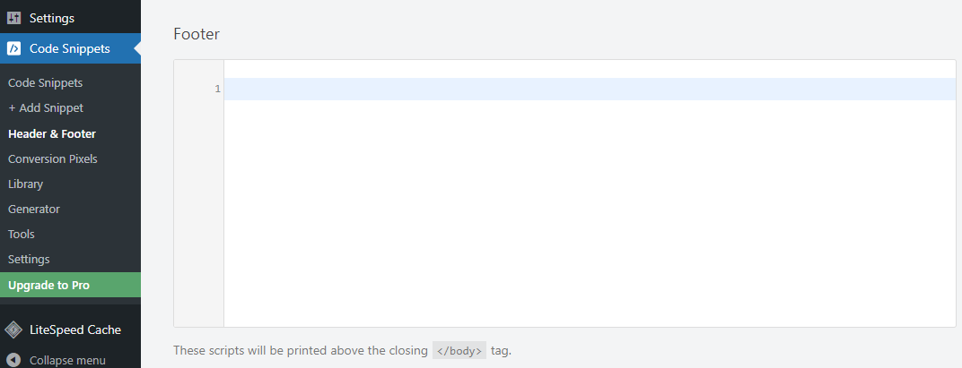 The footer section on the plugin's panel to insert code snippets to the footer.