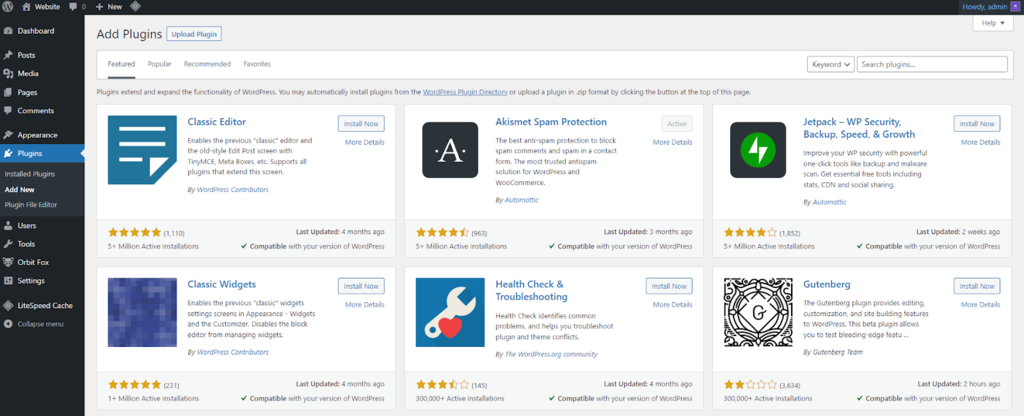 The Add Plugins page on the WordPress dashboard