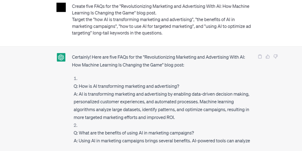 ChatGPT's content gap analysis of a blog post