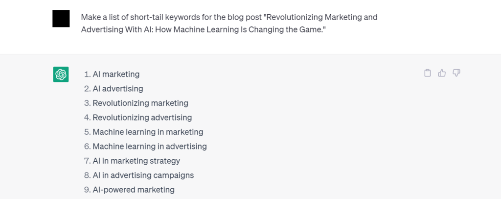 ChatGPT's short-tail keyword suggestions for a blog post title