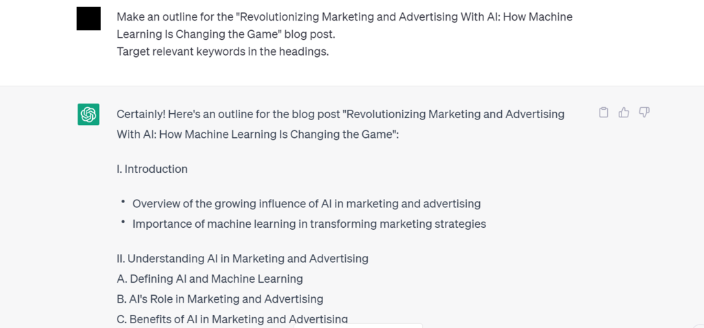 ChatGPT's suggestion of a blog post outline and its content