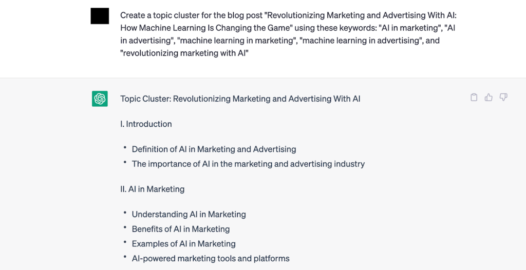 ChatGPT's suggested topic clusters based on the blog post