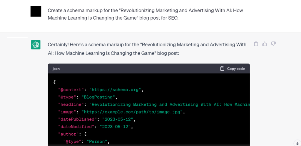 ChatGPT's schema markup suggestion for a blog post