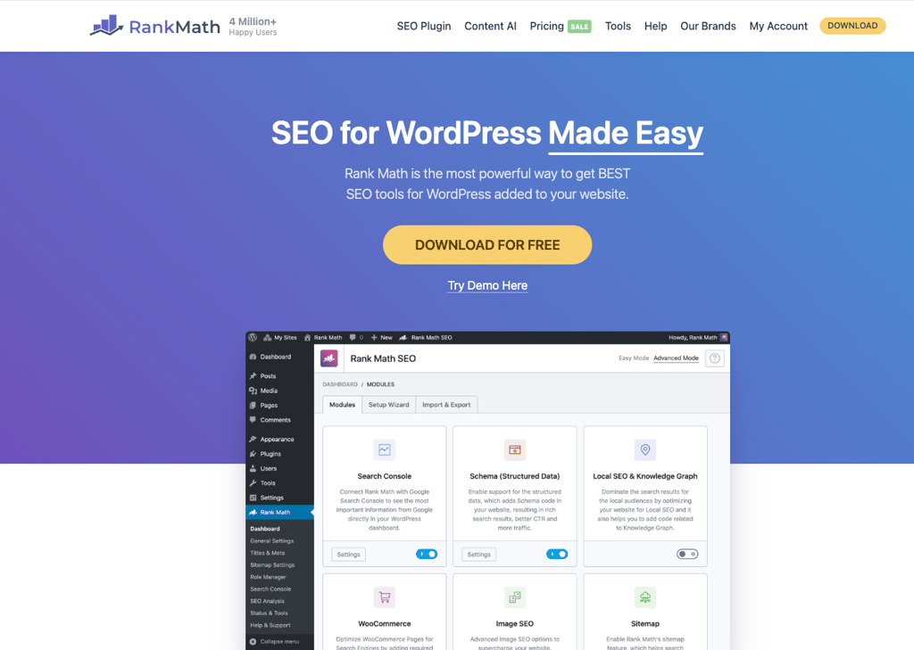 Rank Math SEO homepage screenshot