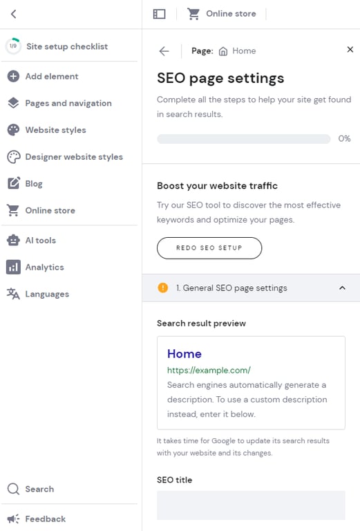 The SEO page settings option on Hostinger Website Builder