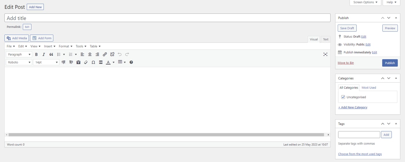 The interface of the WordPress classic editor.