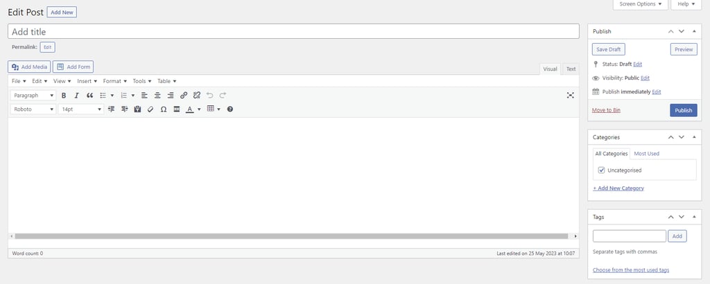 The interface of the WordPress classic editor.