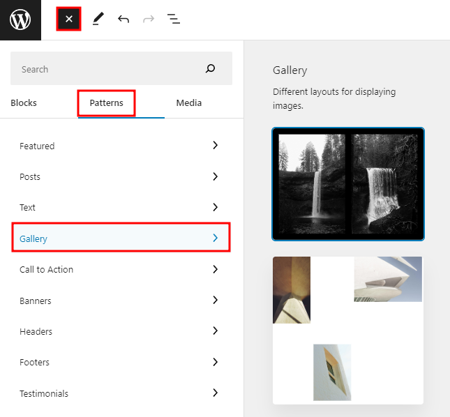 The Gallery block patterns in WordPress