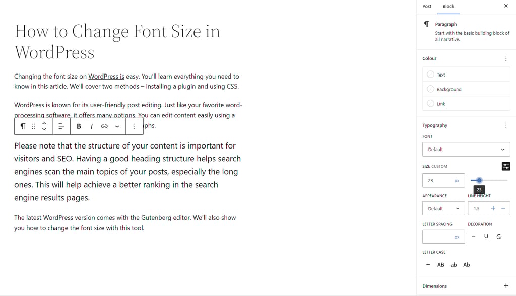 Changing the font size using the slider tool.
