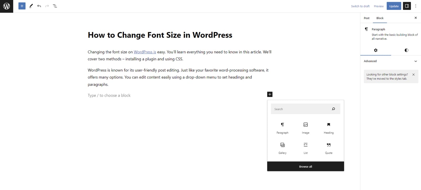 WordPress Gutenberg Editor shows the expanded block inserter tool.