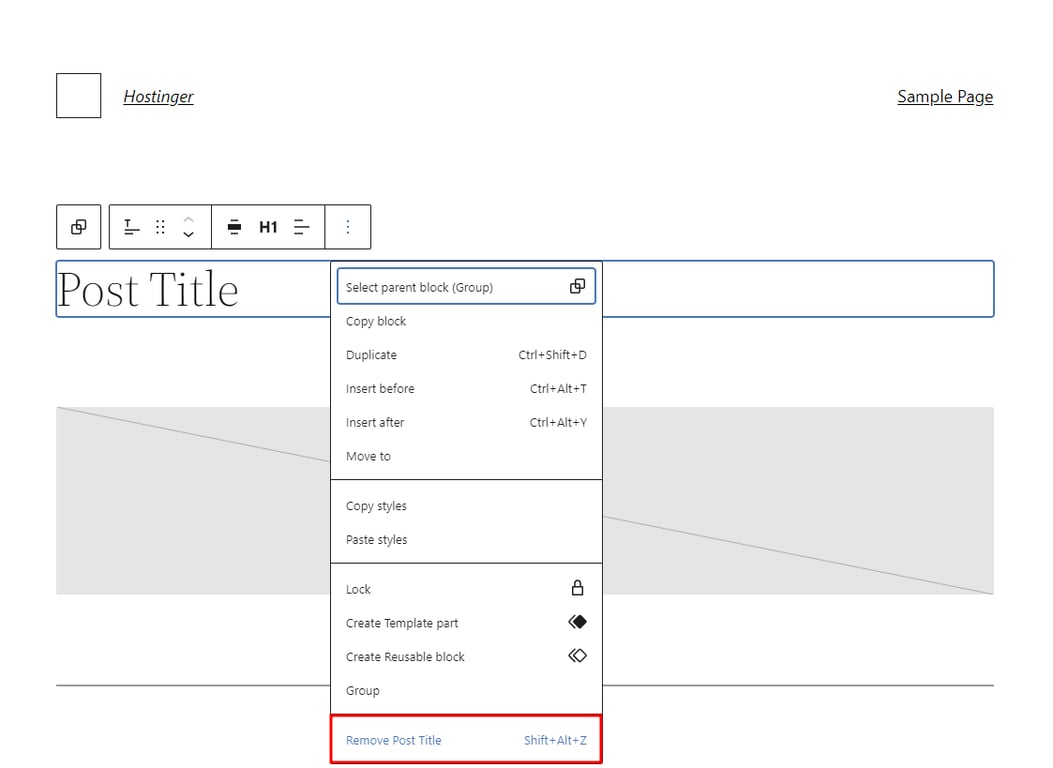 The toolbar menu of the post title block with the Remove Post Title option highlighted.
