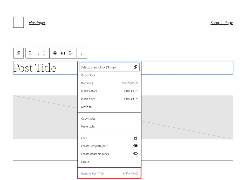The toolbar menu of the post title block with the Remove Post Title option highlighted.