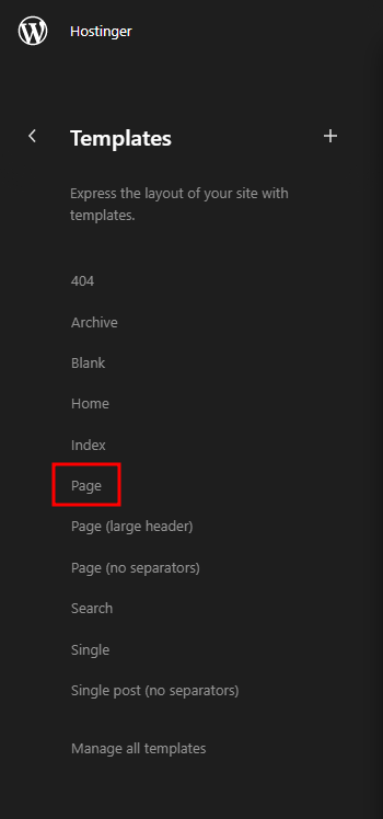 The Gutenberg site editor with the Page template highlighted.
