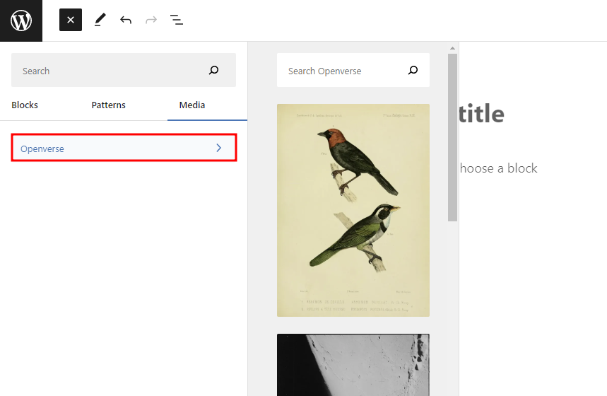 The media tab on the block editor with Openverse highlighted.