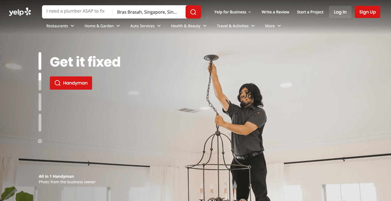 Homepage of Yelp and social website example