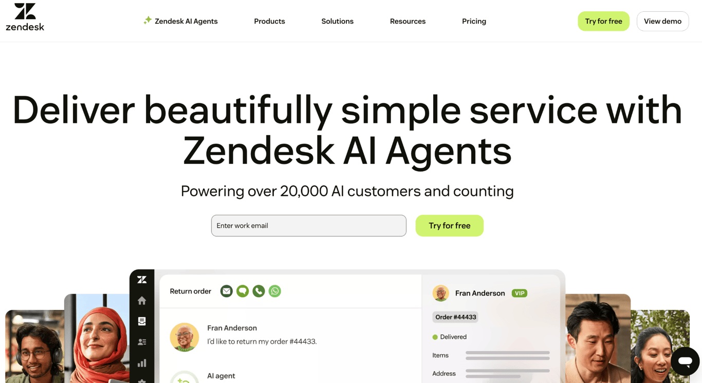 Homepage of Zendesk