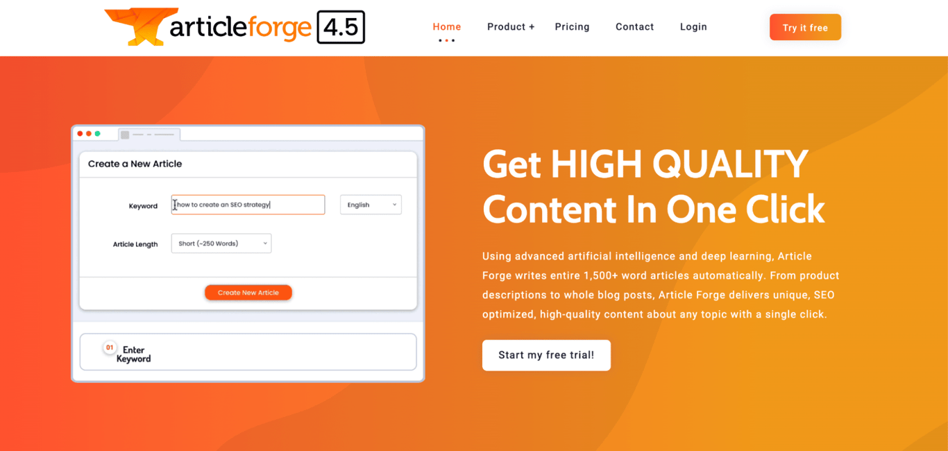 Article Forge landing page