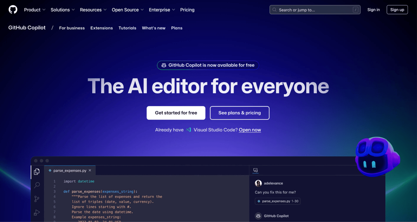 GitHub Copilot landing page